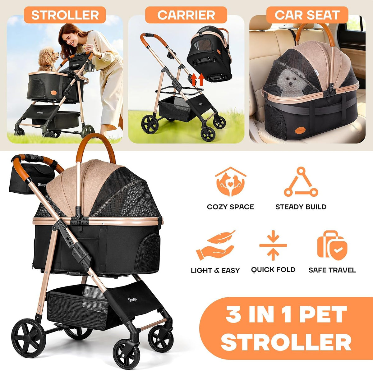Dog Cat Stroller for Small/Medium Pets - Khaki - image 3