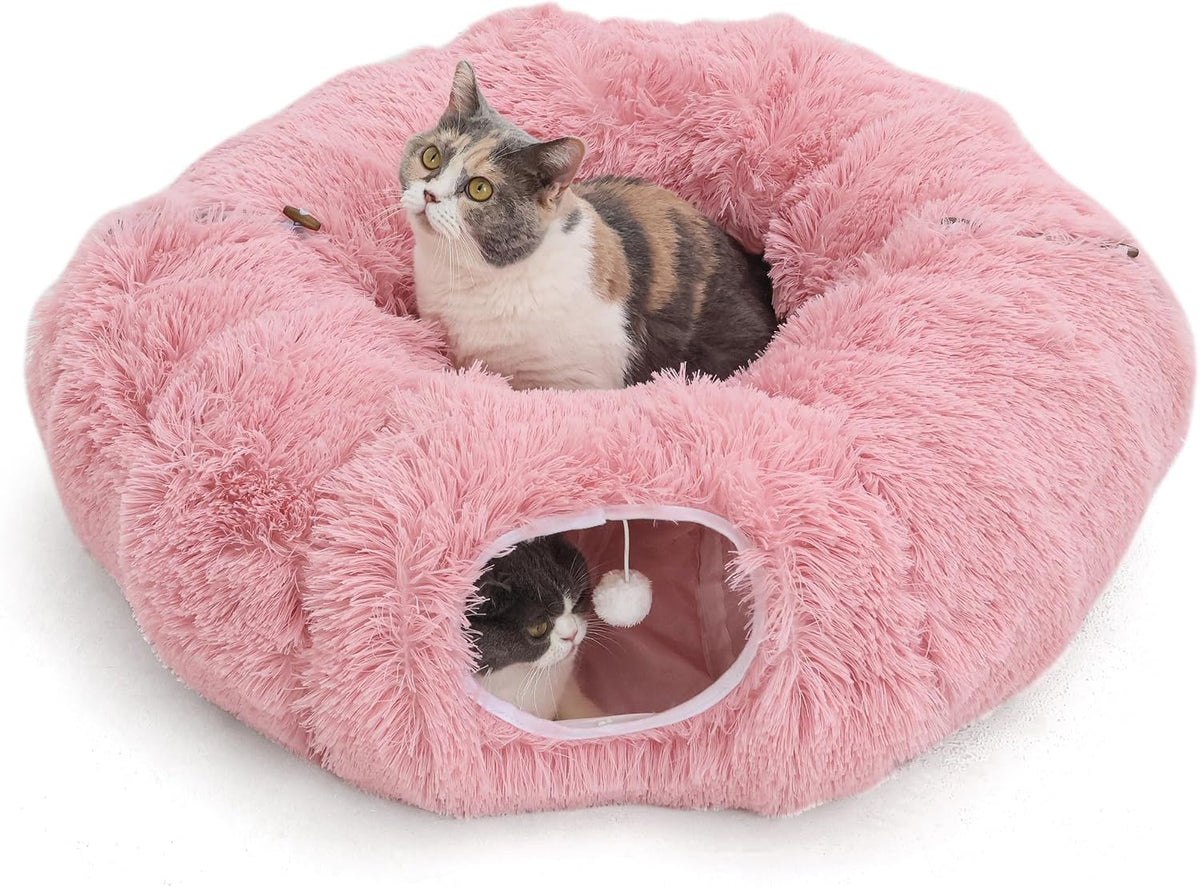 Plush Cat Tunnel Bed for Indoor Cats with Soft Cushion - Pink