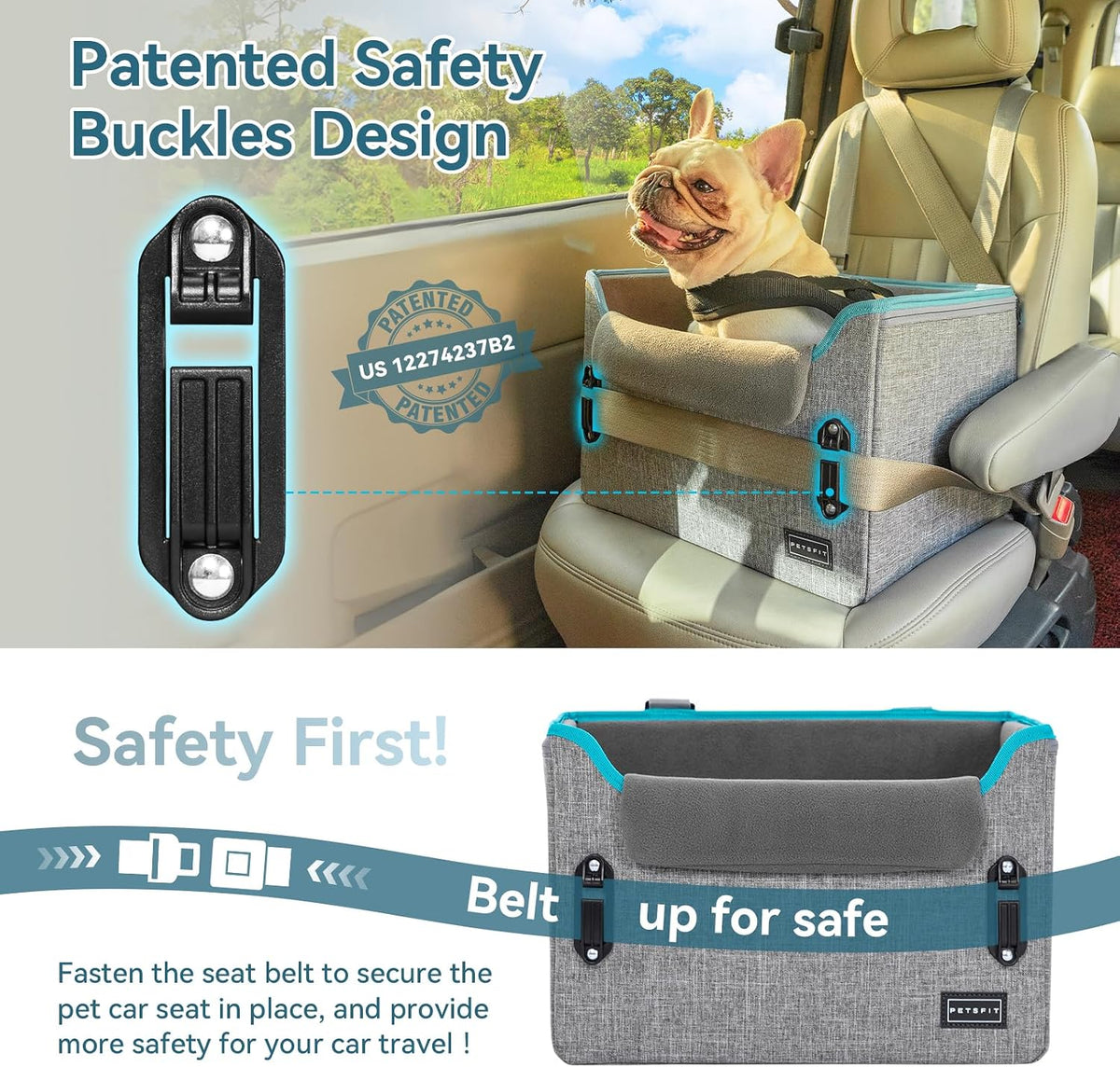 PETSFIT Dog Car Seats for Small Dogs, Patented Safety Buckles - Oxford Cloth / Grey - image 3