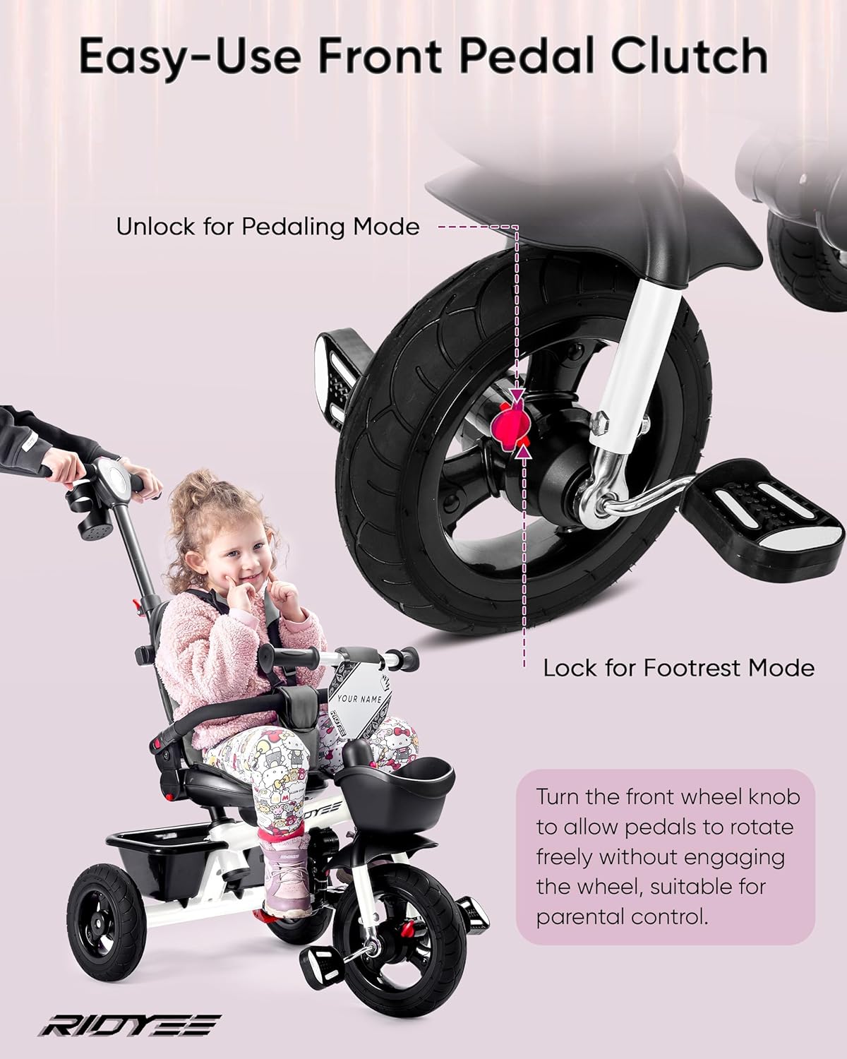 RIDYEE 7-in-1 toddler tricycle with push handle, canopy and rubber tires - view 12