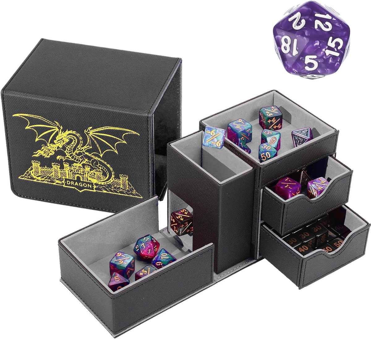 Stepane dice tray and dice tower storage box in black and red PU leather with drawers - view 6