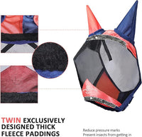 Harrison Howard Pro Luminous Horse Fly Mask Large Eye Space Half Face with Ears UV Protection for Horse Coral Orange/Navy L