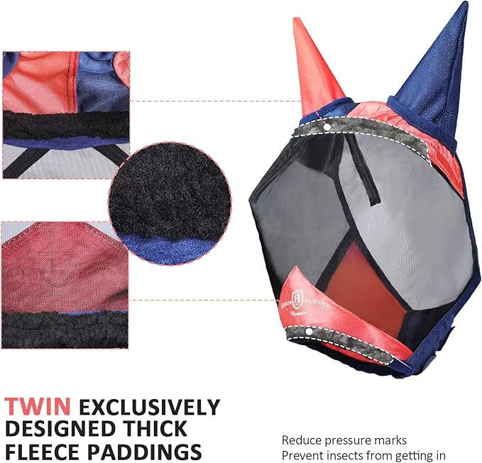 Harrison Howard Pro Luminous Horse Fly Mask Large Eye Space Half Face with Ears UV Protection for Horse Coral Orange/Navy M