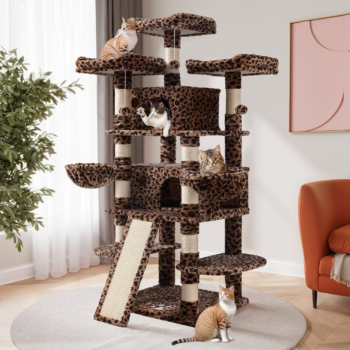 SHA CERLIN 68 Inches Multi-Level Large Cat Tree for Large Kitties/Big - 68in / Leopard Print