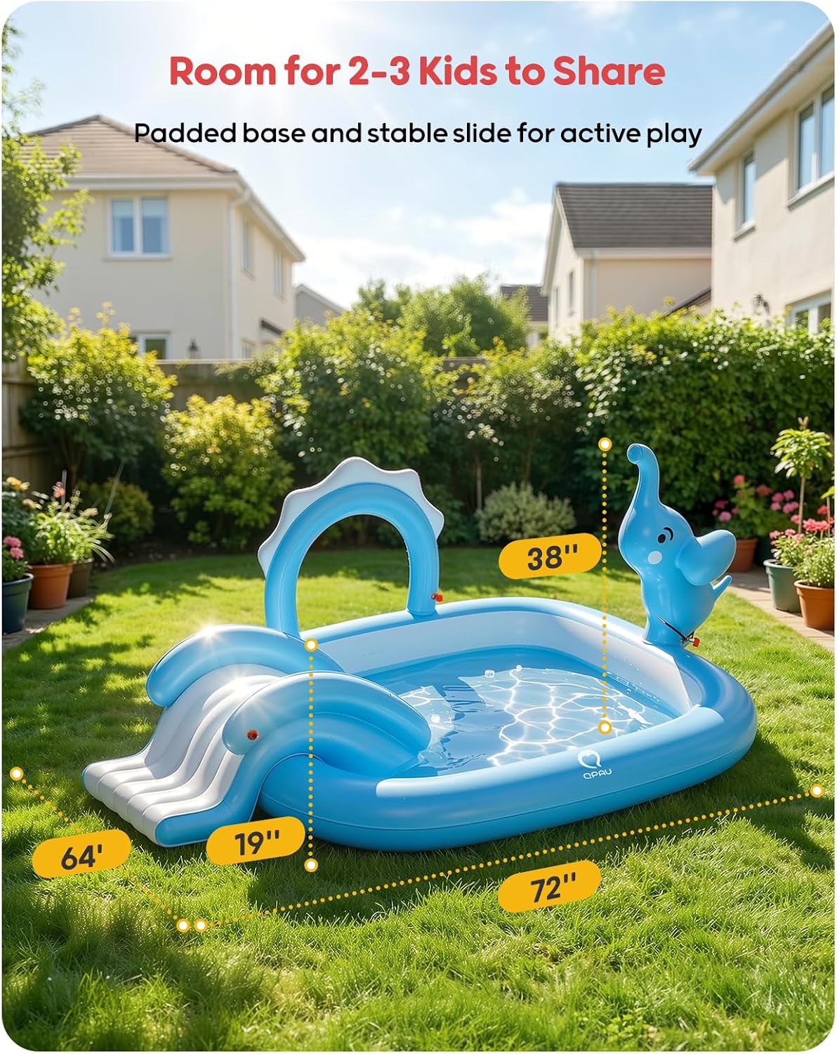 QPAU inflatable toddler pool with slide and elephant sprayer, 72 x 64 x 37 in - view 4