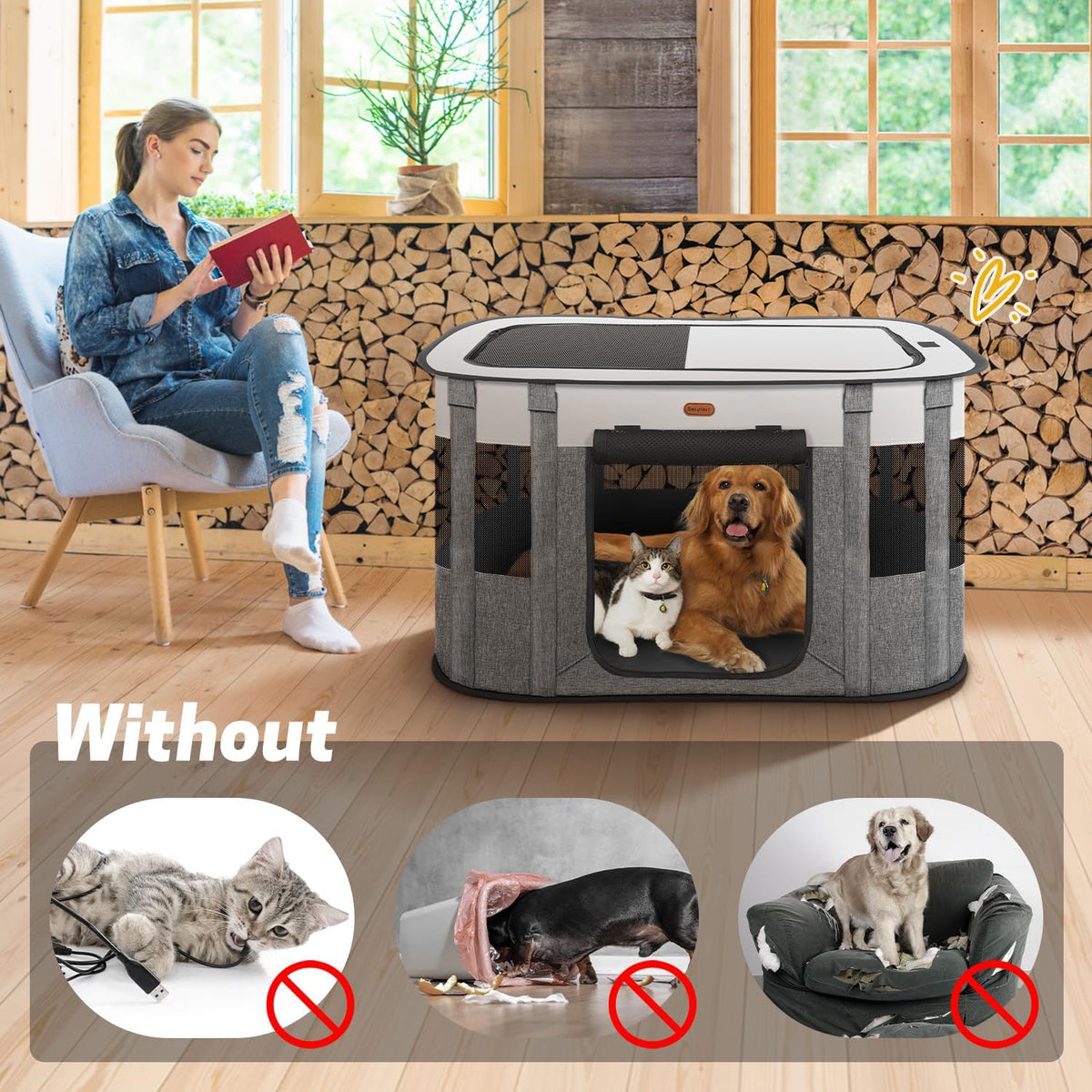 Foldable Pet Playpen, Cat & Puppy Playpen - Grey / 1 / X-Large(45''×34''×26'') - image 3