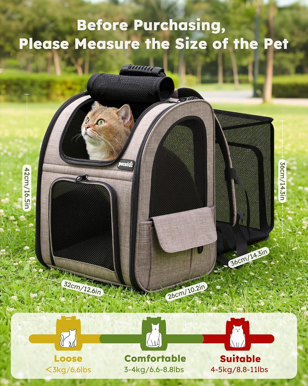 pecute Cat Backpack Expandable - Brown / 12.6"L x 10.2"W x 16.5"H / Mesh Window - image 2