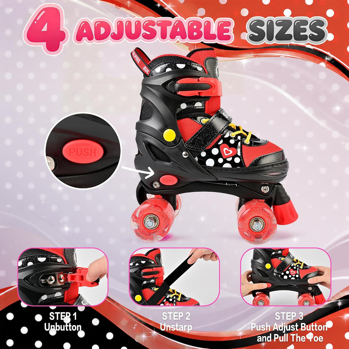 SULIFEEL Adjustable Kids Roller Skates, Light up Wheels – Fun for Kids & Family - G Dots Black / Small - Little Kid - image 3