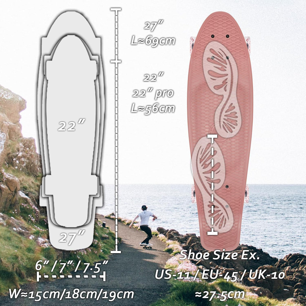 KMX Classic Retro Mini Cruiser Skateboard 22" & 27" for Boys Girls - Rose Pink / 27" - image 4