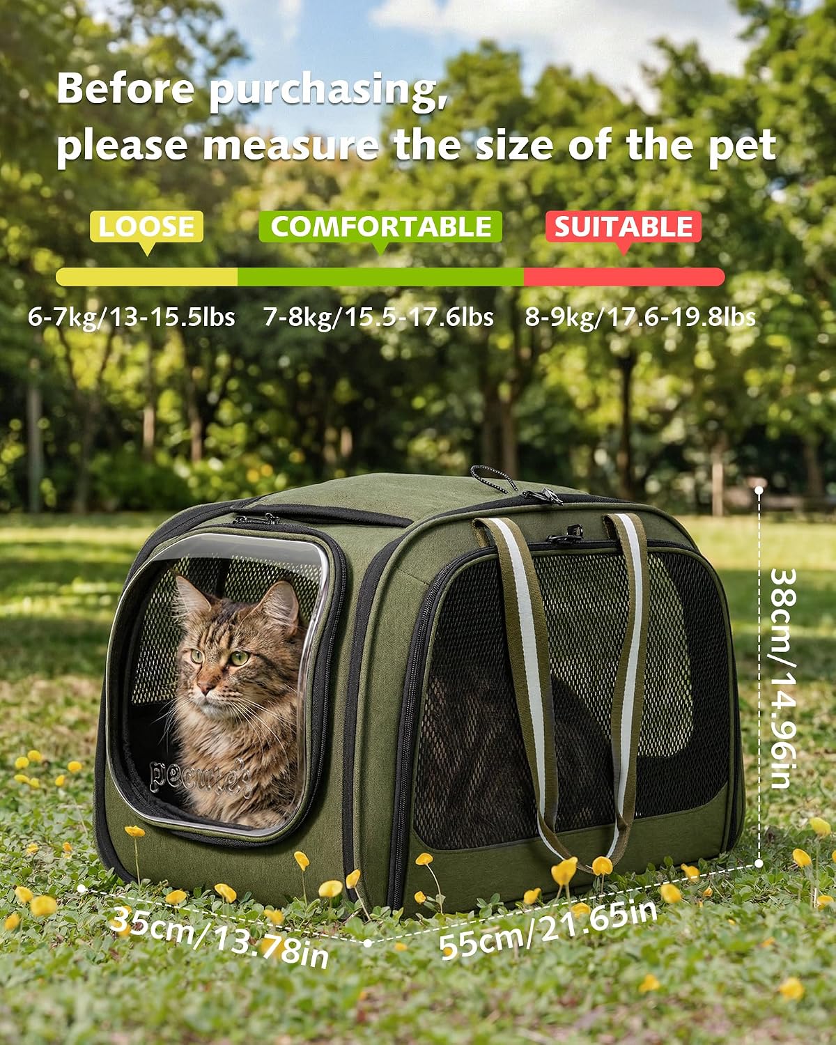 Pecute Cat Carrier, Double Bubble Pet Carrier for Cat Small Dogs - 21.5"L x 14"W x 15"H / Dark Green - image 2