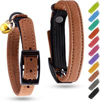 WAUDOG Leather Cat Collar with Bell Elastic Strap Stretchy Kitten - Brown / 8"- 12" Without Holder