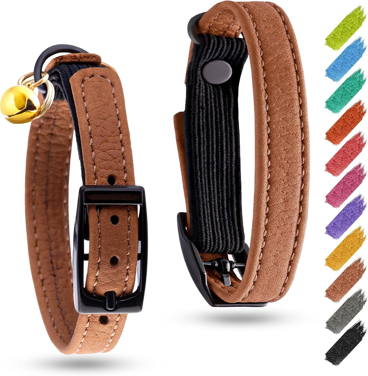 WAUDOG Leather Cat Collar with Bell Elastic Strap Stretchy Kitten - Brown / 8"- 12" Without Holder