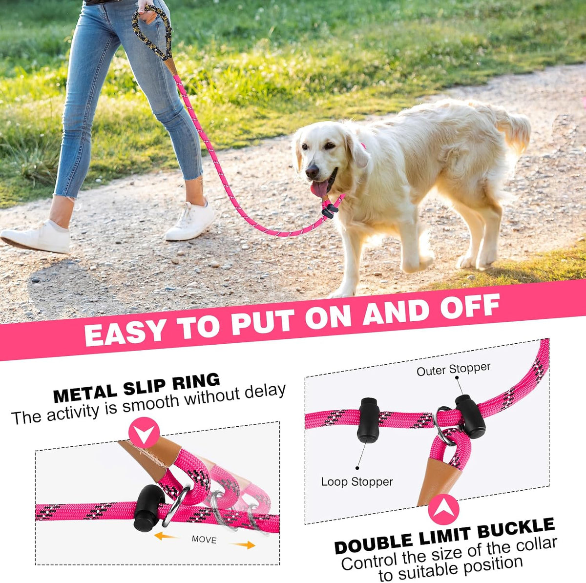 Reflective braided rope slip lead dog leash, 1/2 inch by 6 ft, with padded handle - view 4