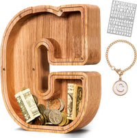 KMC wooden letter piggy bank, oak initial coin bank with clear plexiglass front - view 5