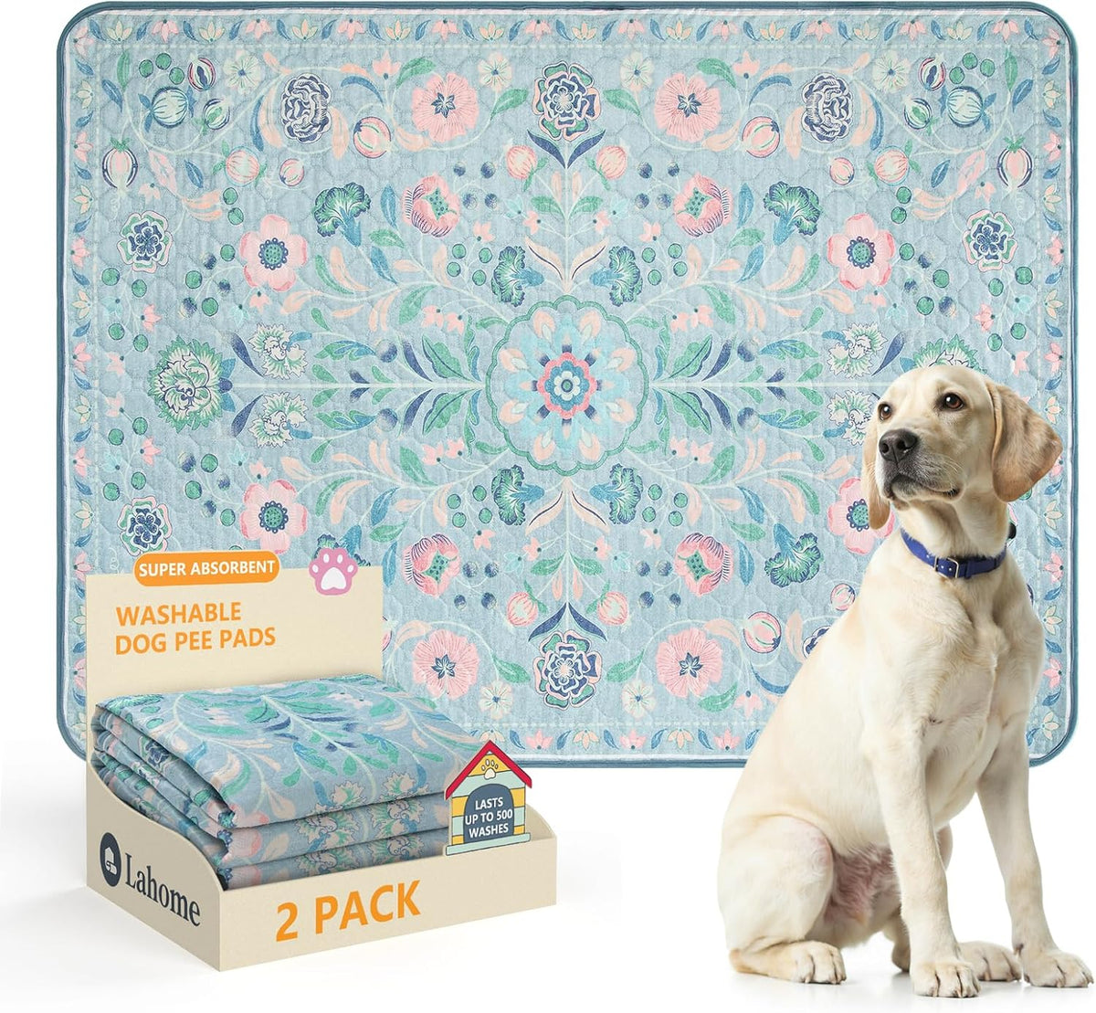 Lahome Botanical Washable Reusable Pee Pads for Dogs, 36x48 - Blue-01 / 3FT x 4FT (Pack of 2)