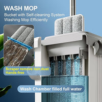 JOYMOOP Mop and Bucket with Wringer Set for Floor Cleaning and Wall Cleaner, Flat Mop and Bucket System Set with 2 Mops and 8 Large Microfiber Pads - White
