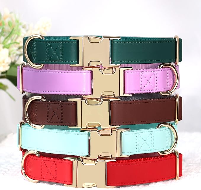 PET ARTIST PU Leather Dog Collar, Bright & Stylish Purple Dog Collar Girl with Quick Release Gold Metal Buckle, Soft Nylon Padded Durable Pet Collars Adjustable for Small Dogs, Neck Fit 9-14"
