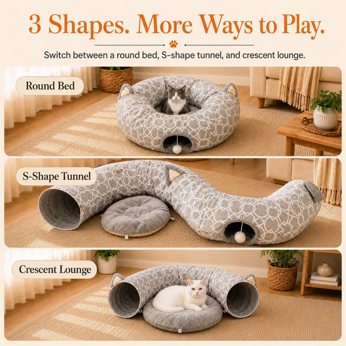 Geometric Straight Cat Tunnel with Plush Inside - Big Tunnel Bed - image 4