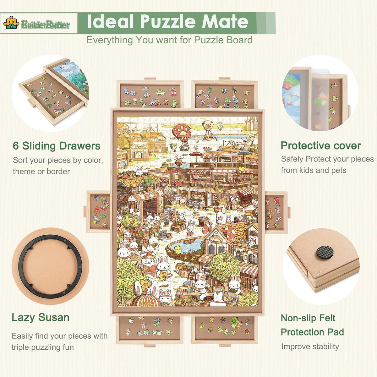 BuilderButler 1000 Pieces Rotating Puzzle Board with 4 Drawers - Wooden-6 Drawers / Large-2000pcs - image 2