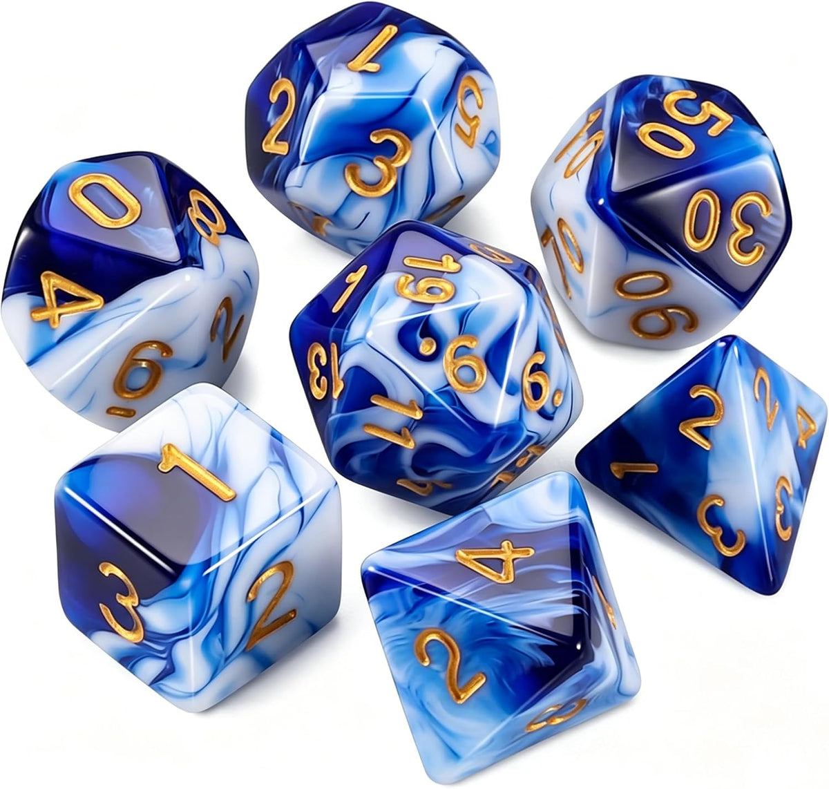 QMAY DND Dice Set - 7Pcs Blue Mix White Polyhedral Dice with Black Dice Bag – Fun for Kids & Family - Blue and White