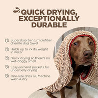 Soggy Doggy Super Shammy Dog Towel - Microfiber Chenille Towel for Drying Dogs and Cleaning Paws - Fast Drying with Hand Pockets for Ease (Beige/Red Trim, 31” x 14”)