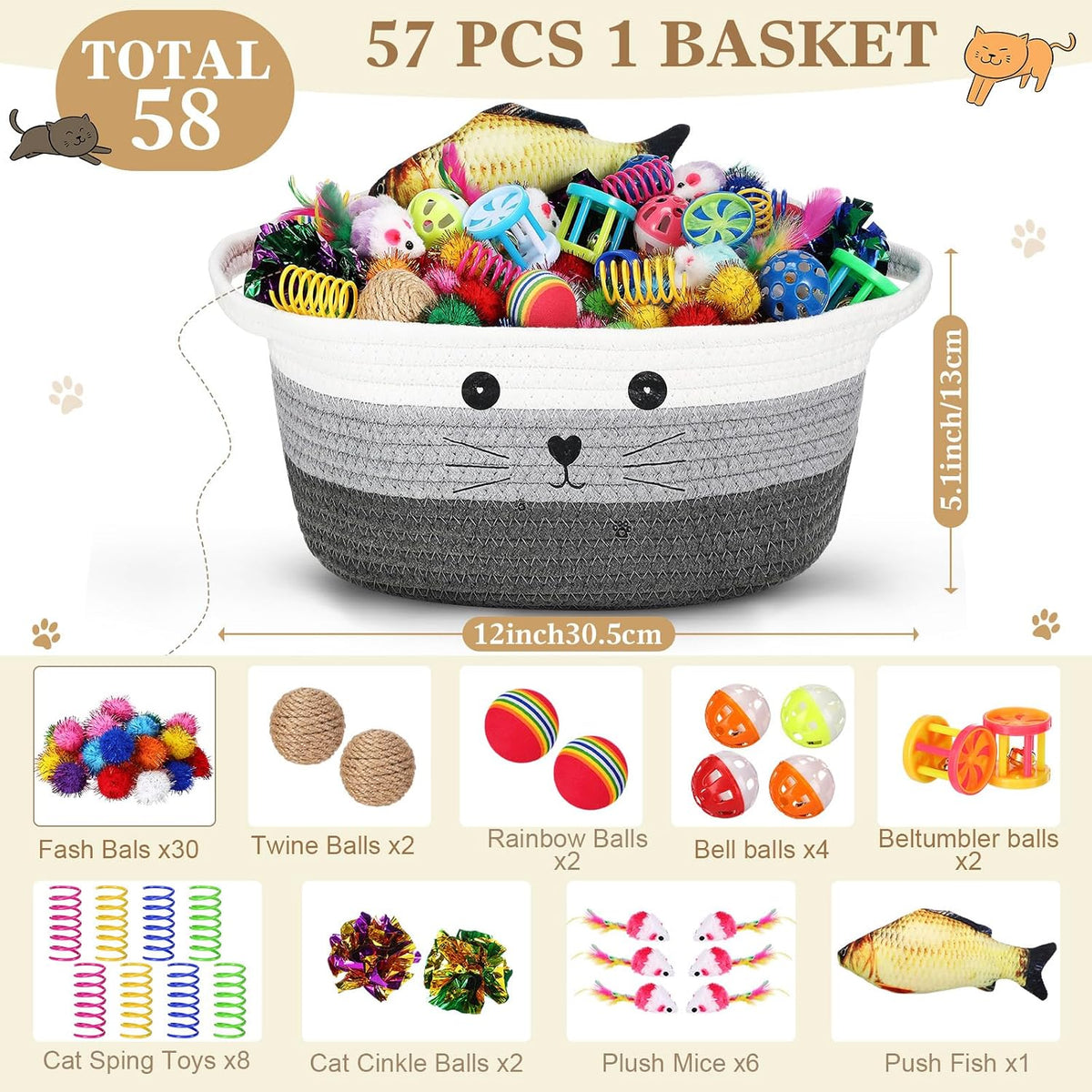 Zopeal 58 Pcs Cat Toy Set with Storage Basket Indoor, Grey - Multicolor / 12 Inch - image 2