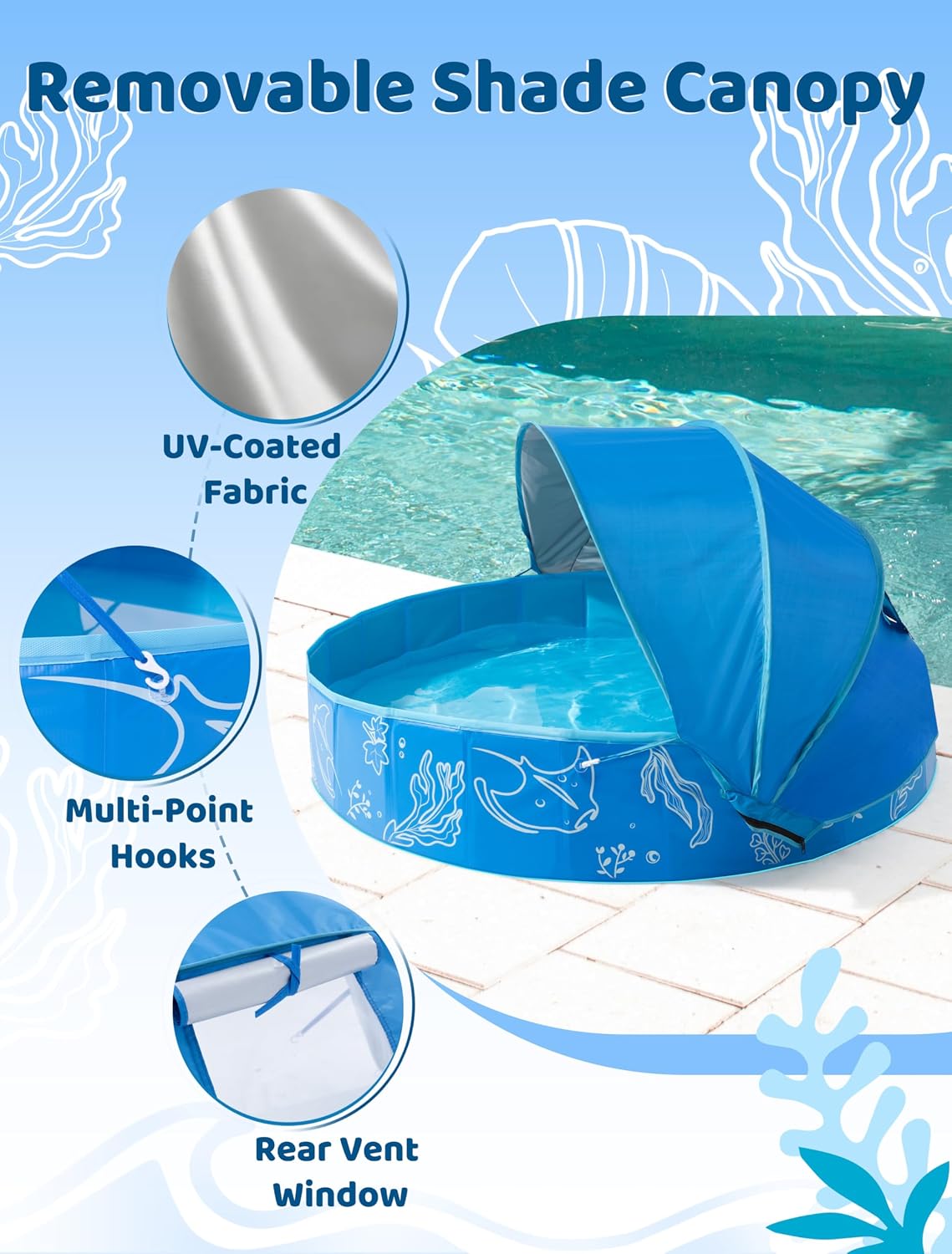 Hikiddy Foldable Kiddie Pool with Canopy: Baby Infant Toddler Kids - Blue-blue / 63in - image 3