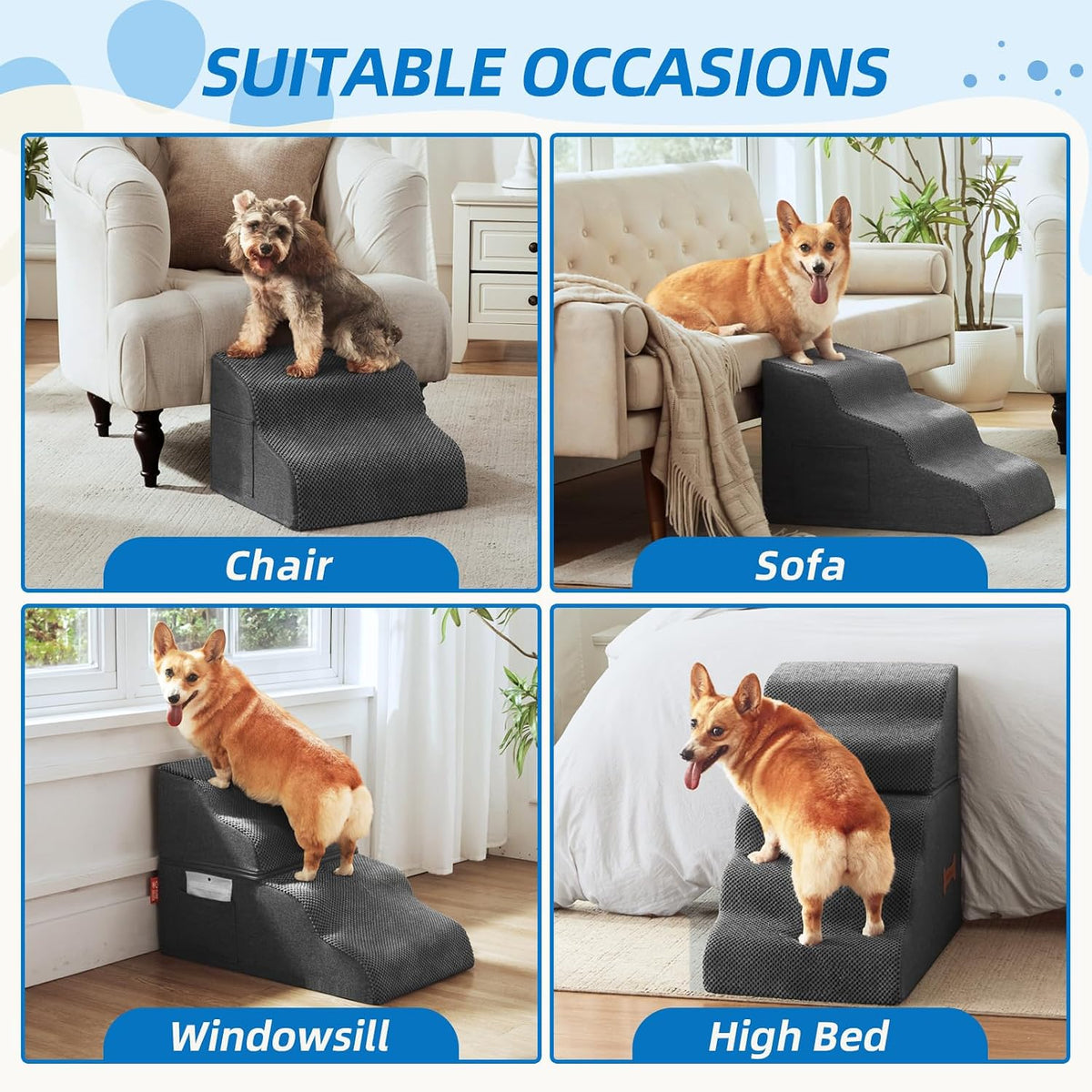 Dog Stairs 4 Steps for Small Dogs and Cats to Get on High Beds - Dark Grey / 3.0 / 23.6"D x 15.7"W x 15.7"H - image 3
