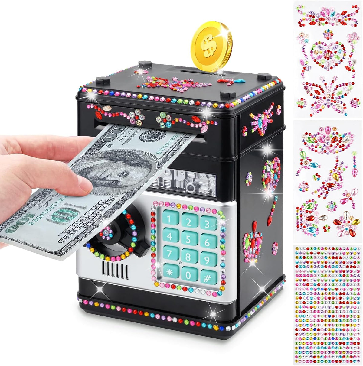 Piggy Bank for Kids Girls Boys with Password Code Lock Cash Coin Can - Black