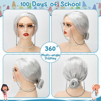 Huskein Old Lady Costume, Old Lady Cosplay Silver Bun Wig Glasses Wig Cap Pearl Necklace Bracelet - Silver-bun - image 3