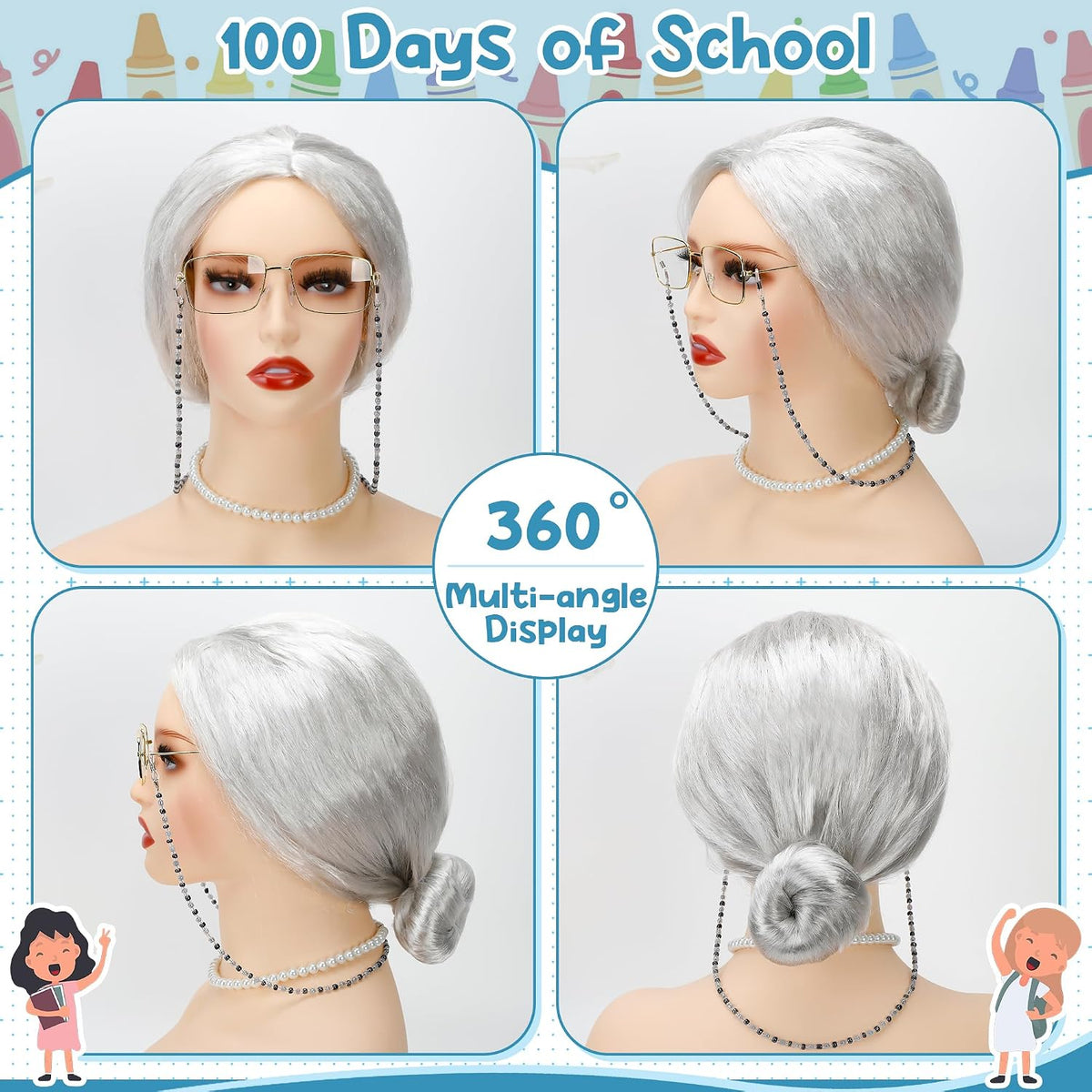 Huskein Old Lady Costume, Old Lady Cosplay Silver Bun Wig Glasses Wig Cap Pearl Necklace Bracelet - Silver-bun - image 3