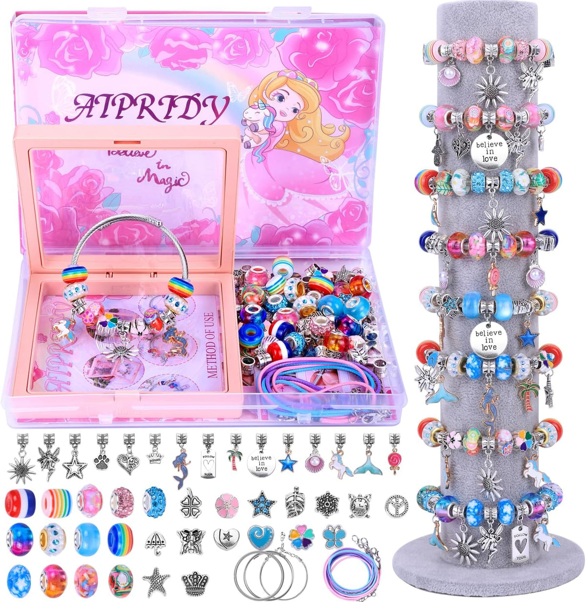 AIPRIDY 150 Pieces Charm Bracelet Making Kit - 72 Pieces Rose