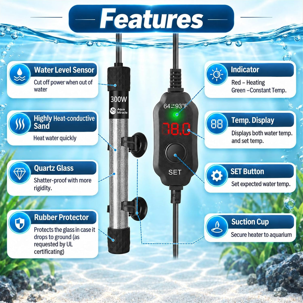 AquaMiracle Aquarium Heater 15W Fish Tank Heater for 1-3 Gallon Tanks – Essentials for Fish - For 40-60 Gal Tank - image 2