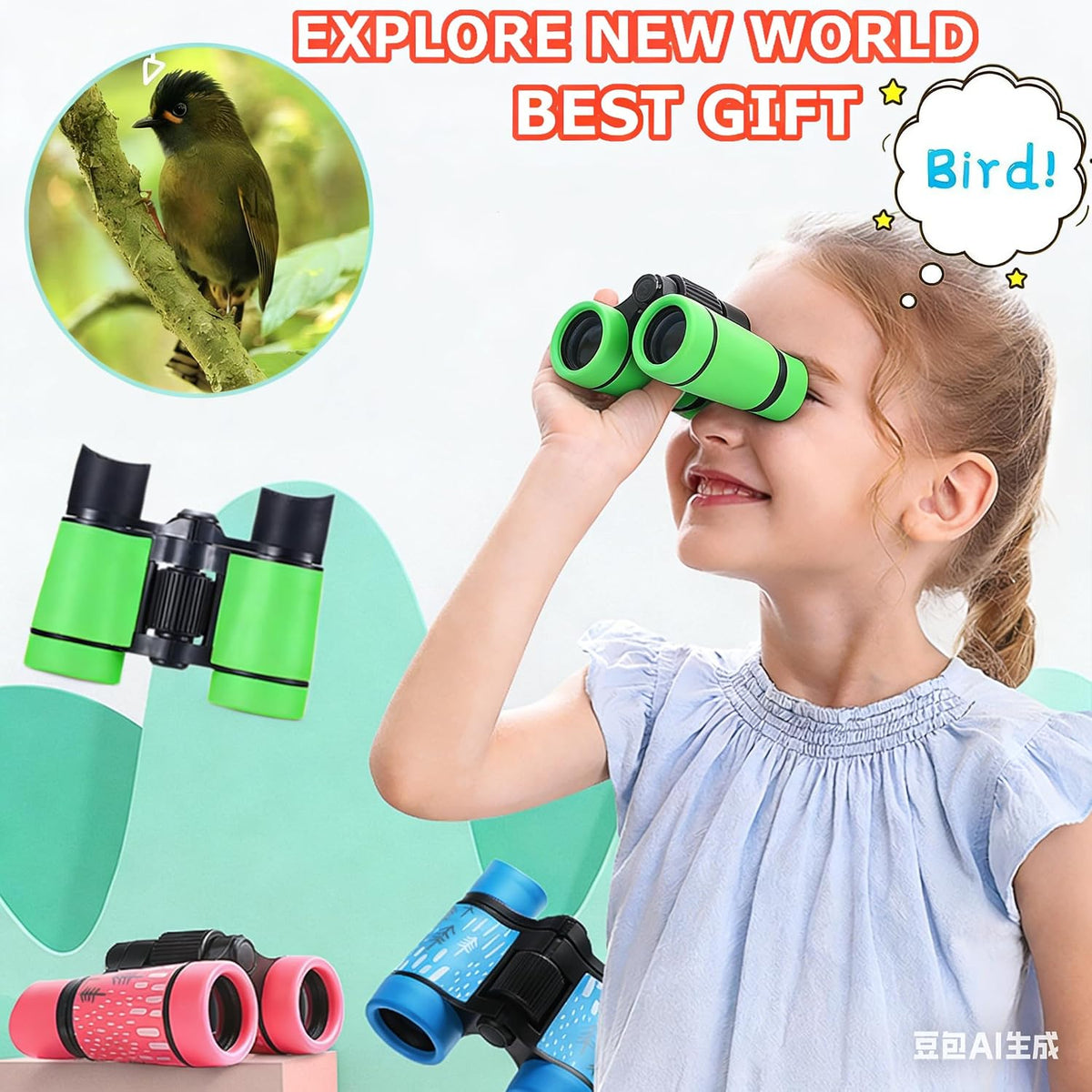 Kids Binoculars Ages 3-12 with Compass & Whistle – Fun for Kids & Family - Green - image 2