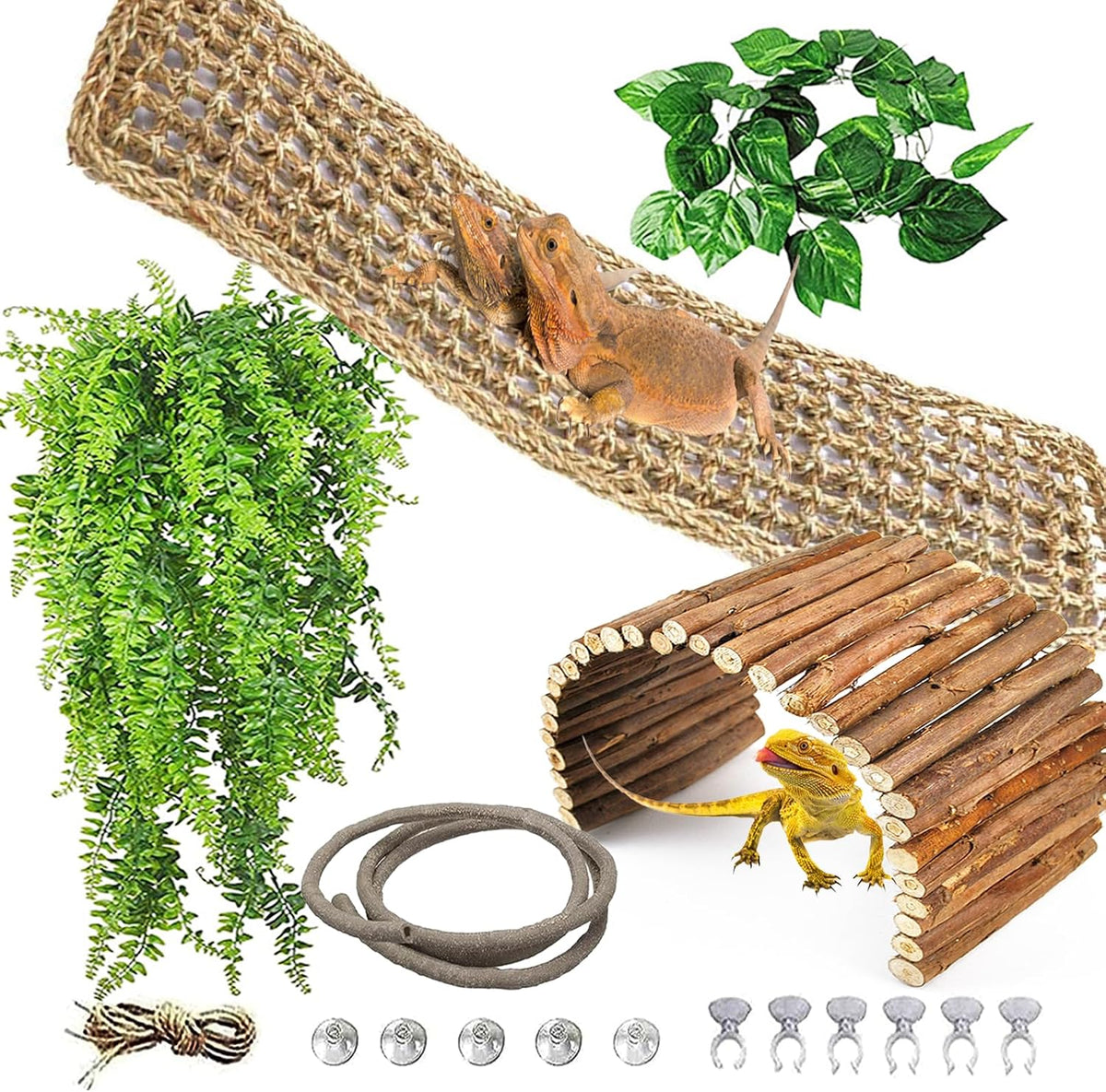 Bearded Dragon Hammock,Lizard Lounger Reptile Tank Hanging Plants Climbing Jungle Vines Flexible - Type：Hammock with wooden bridge(B)