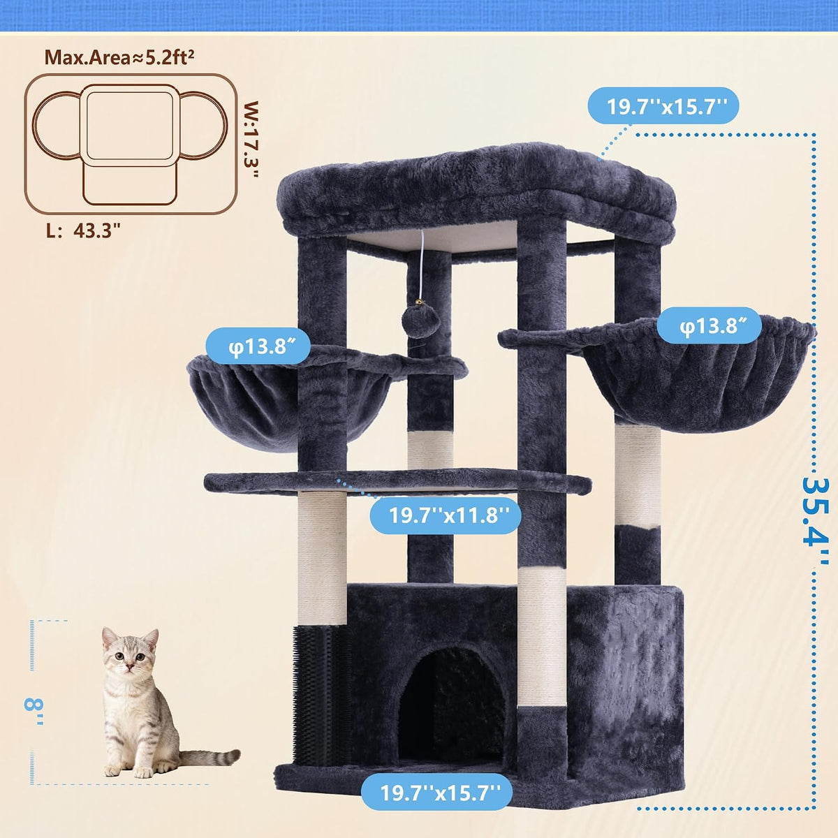 Hey-brother Cat Tree Tower with Large Platform, Spacious Condo - Smoky Gray / 35.4 Inches - image 2