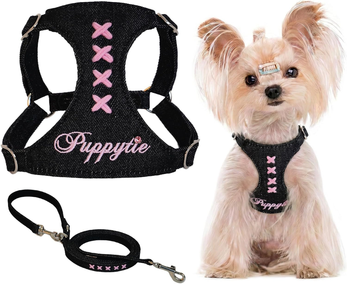Puppytie XS Dog Harness and Leash Set, Denim Brown, XS – Essentials for Dogs - cross-denim black / XXS(2.2-6lb)