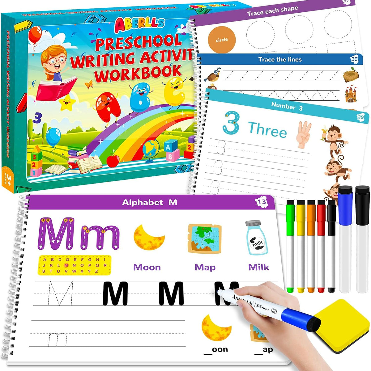 ABERLLS preschool workbook for ages 3-5 with ABC, number and tracing activities