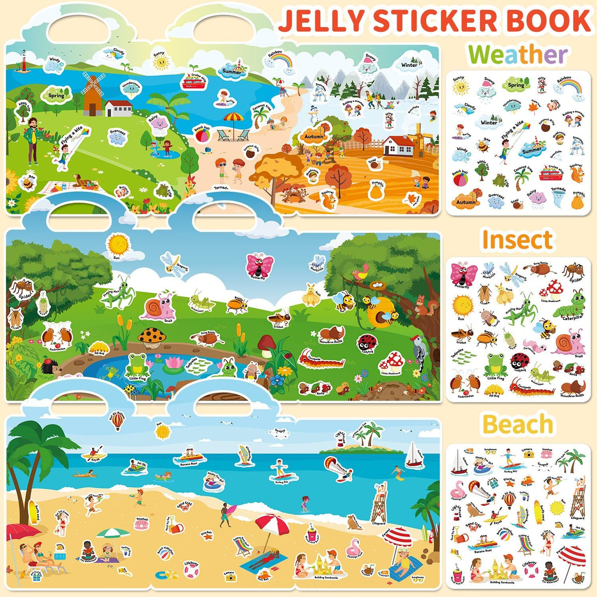 6 Sets Reusable Sticker Book for Toddlers 3-6 - Weather+Insect+Beach - image 4
