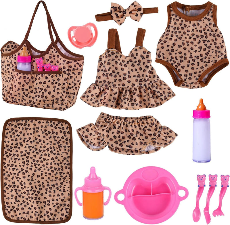 BABESIDE 13 piece baby doll clothes and accessories set with feeding set and leopard print bag