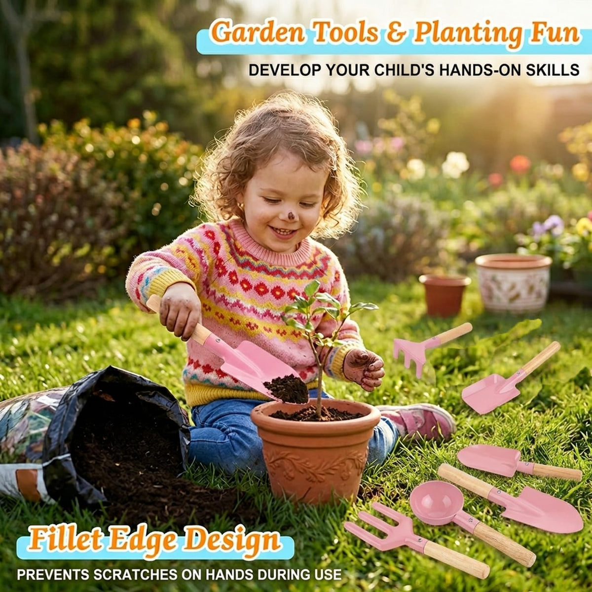 Katroiy 6 piece kids gardening tools with metal heads and wooden handles - view 7