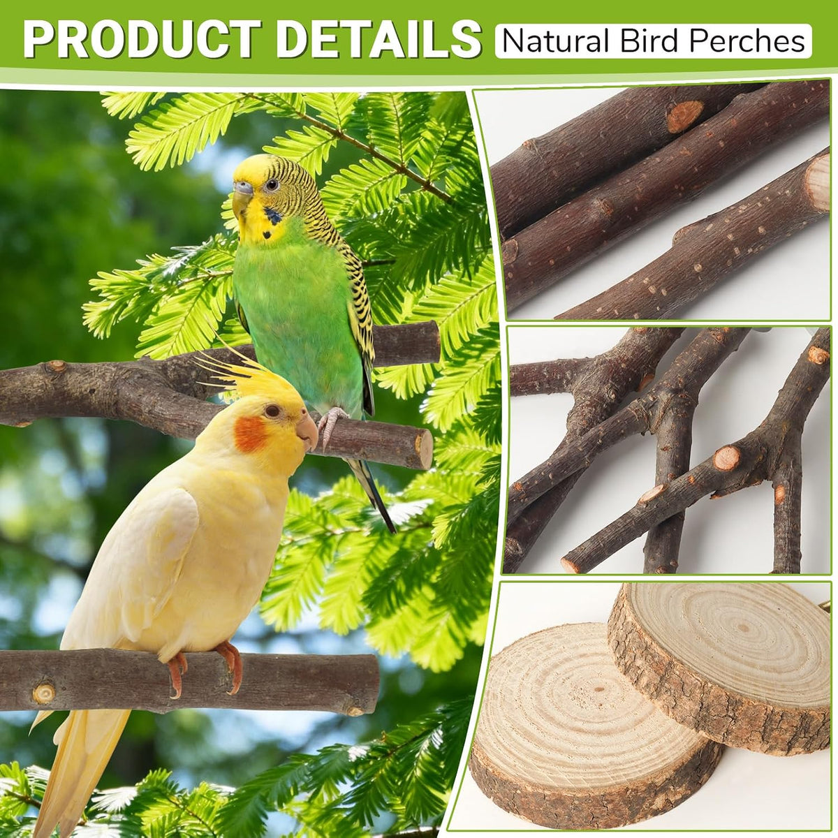 8 Pack Natural Wood Bird Perches for Cage, Wooden Parrot Perch – Essentials for Birds - Medium Size-8 Pack - image 3