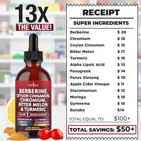Berberine with Ceylon Cinnamon Supplement Liquid Drops + Bitter Melon Extract, Glucomannan, Gymnema, Chromium, Turmeric, Panax Ginseng, Moringa - 2 OZ