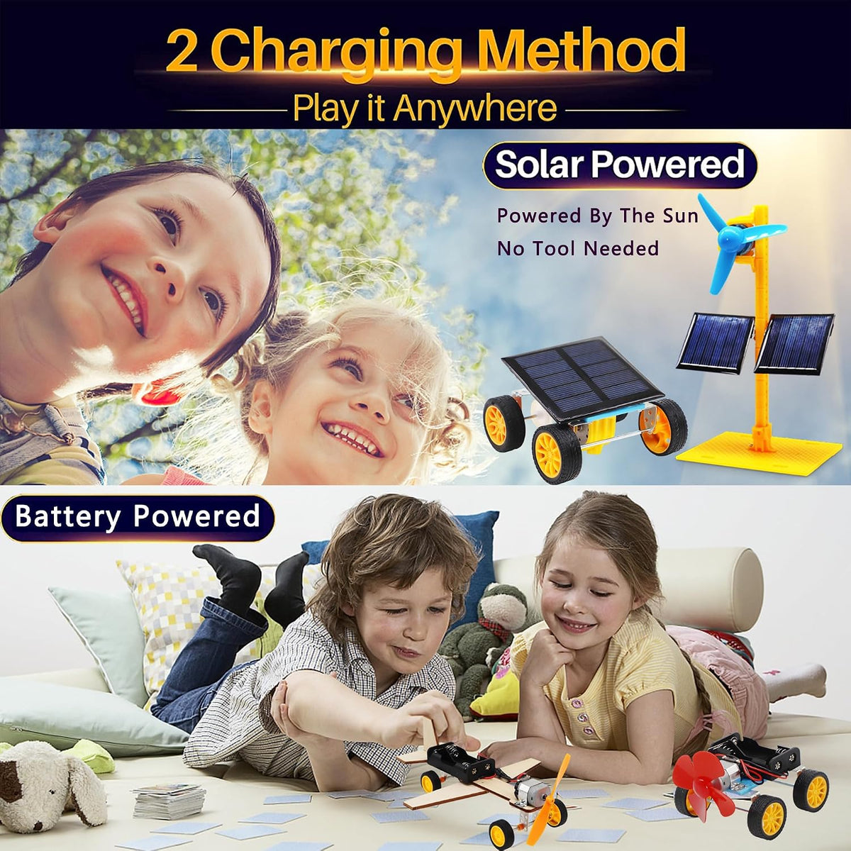 SCAEMO four solar STEM kits for kids with solar car, fan, wind car and wooden plane in gift box - view 2