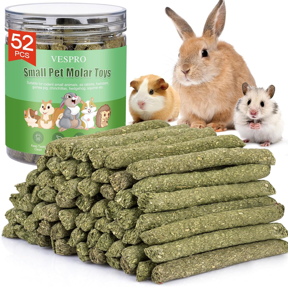 52Pcs Rabbit Chew Sticks, Guinea Pig Toys - 52P-Green-Set