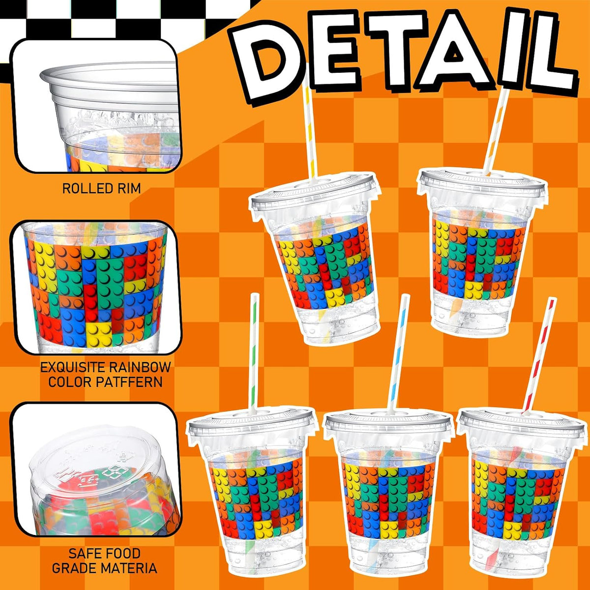 Teenyyou 12 oz clear plastic party cups with dirt bike design, lids and paper straws - view 20