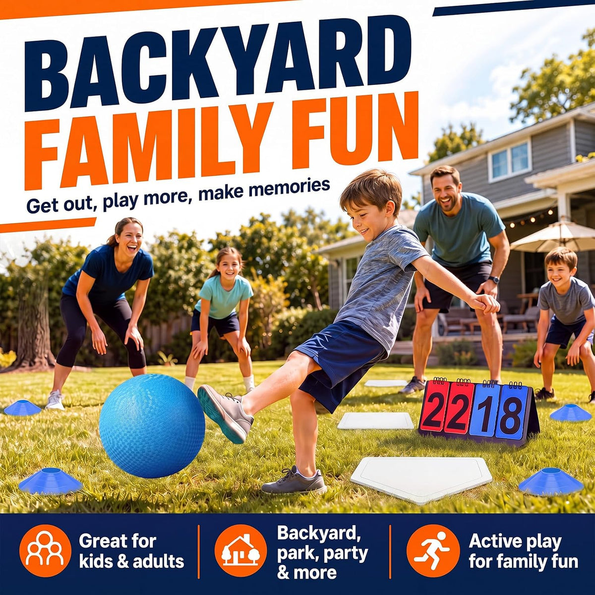 Jenaai blue kickball set with 10 inch ball, rubber bases, cones, scoreboard and pump - view 20
