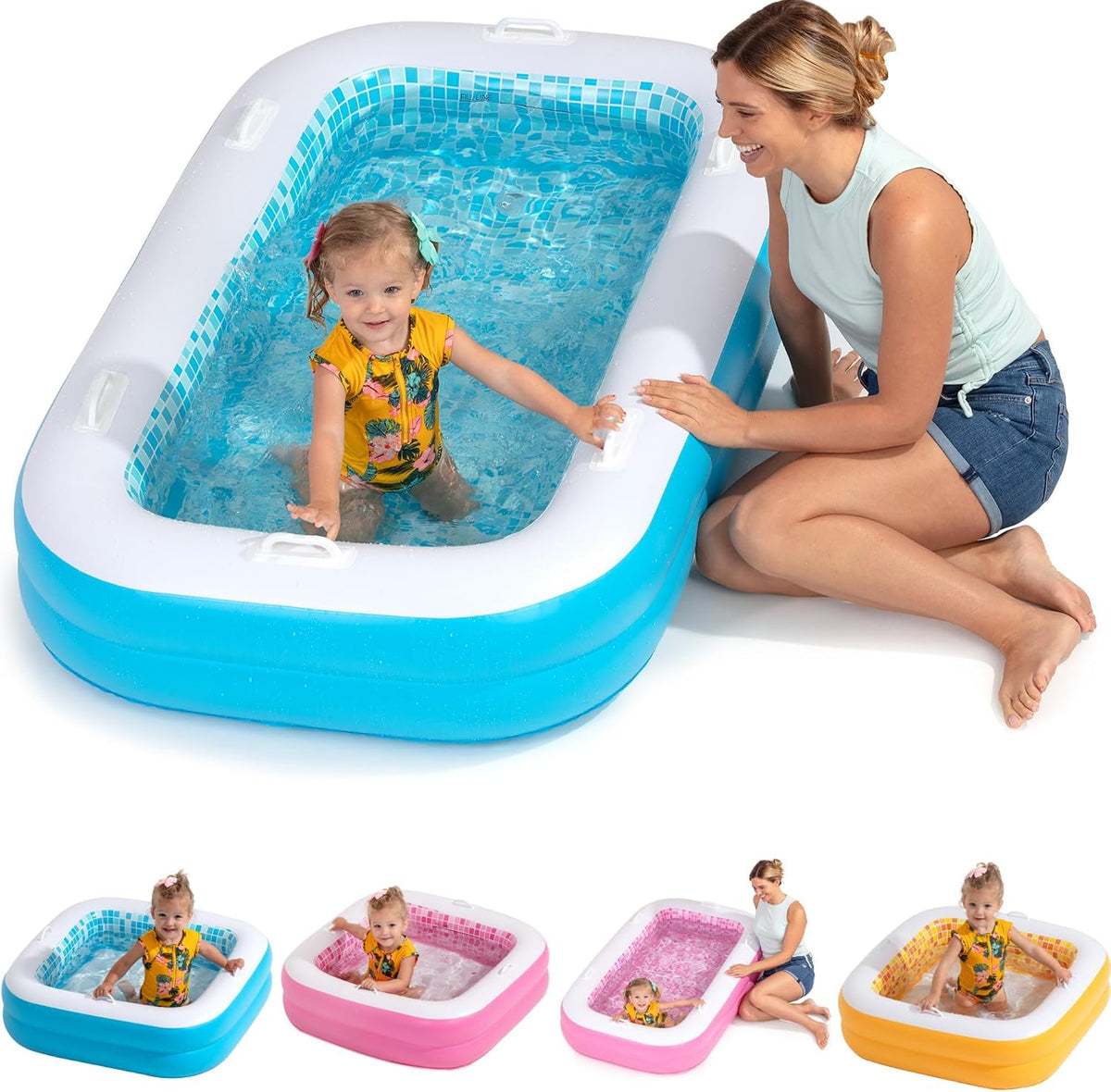 3-in-1 Inflatable Baby Pool, Safety Secure Grip Handles - 65" Rectangular Summer Blue