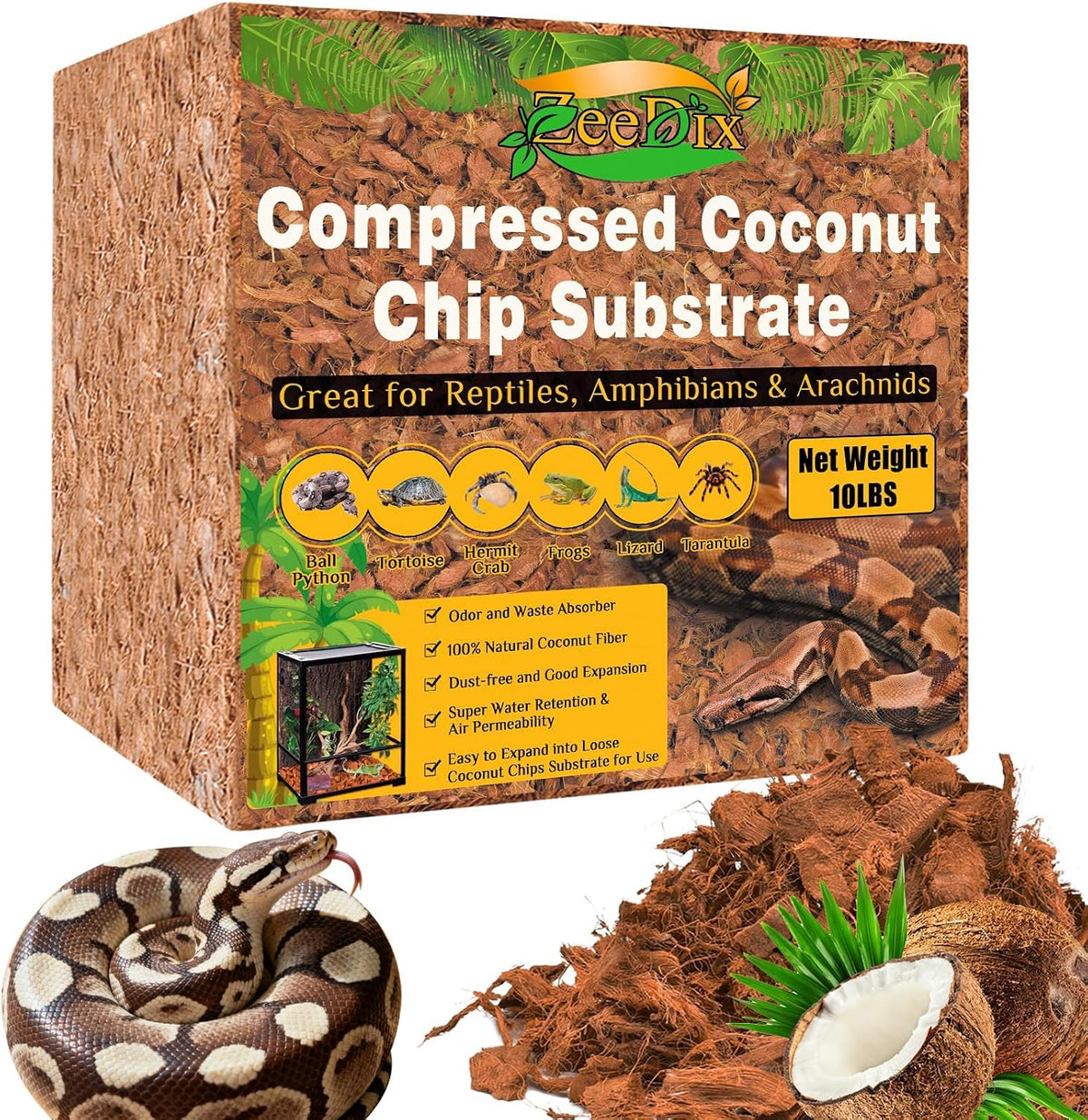 10LBS Coconut Husk Chip Substrate for Reptiles - 1 Pack-10 LBS