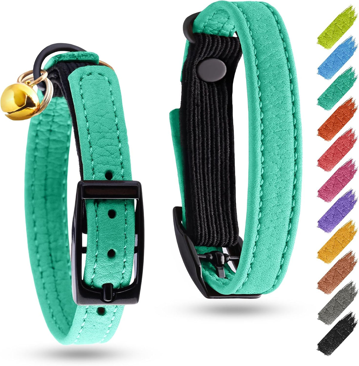 WAUDOG Leather Cat Collar with Bell Elastic Strap Stretchy Kitten - Mint / 6.5" - 8" Without Holder